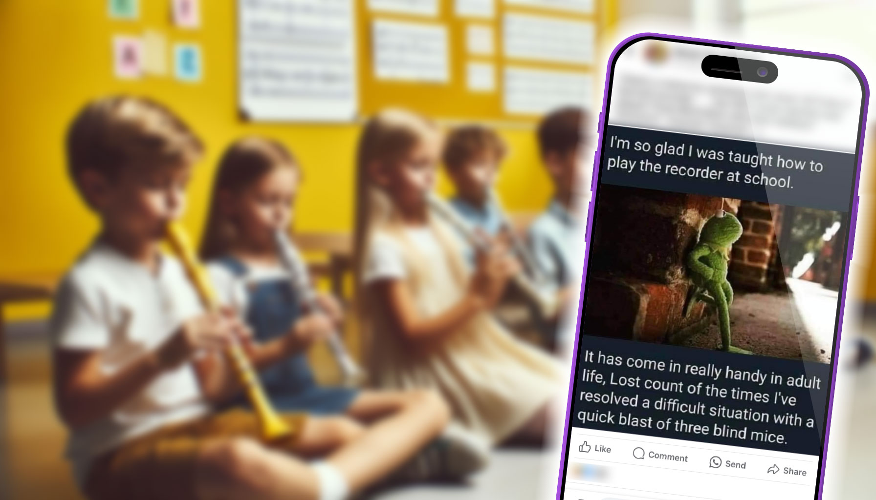 Blurred image of children playing a recorder in school